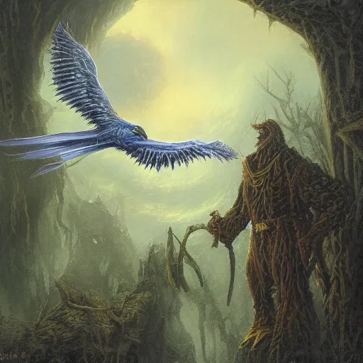 Prompt: A giant bird hiding in the shadows, waiting to strike, dark, threatening, gloomy, doom, frightful, by Ralph Horsley