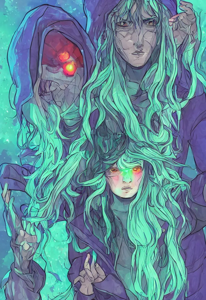 Prompt: eldritch spirit wearing stained glass hoodie, clear sky background, hyperrealistic cell shading ambient occlusion, luminous, concept character sheet, long hair, pastel red blue green pallette, detailed eyes, various facial expressions