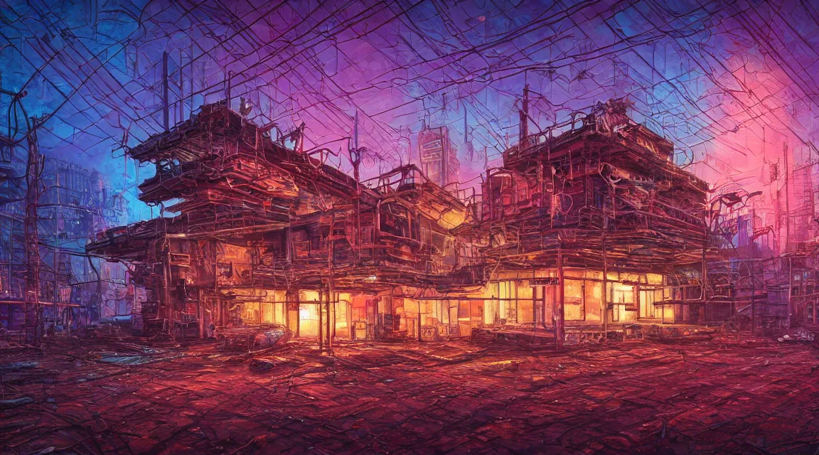 Prompt: Very highly detailed photo, post apocalyptic building, synthwave neon retro, by Vladimir Manyukhin, by Simon Stålenhag, by Guido Borelli, by Nathan Walsh, by Peter Gric, deviantart, trending on artstation, Photorealistic, vivid colors, polychromatic, glowing neon, geometric, concept art digital illustration, polished, beautiful, HDR Unreal Engine 64 megapixels IMAX Terragen 4.0, 8k resolution concept art filmic complex utopian mysterious moody futuristic