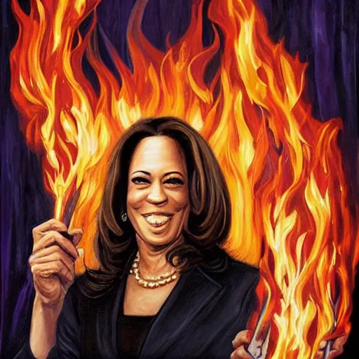Prompt: breathtaking detailed art portrait painting of kamala harris as a evil witch casting fire spell on the whitehouse