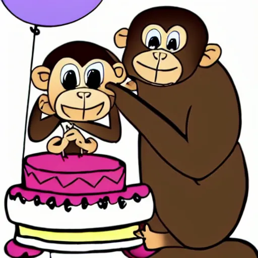 Image similar to an older monkey hugging his younger sister, birthday, cake, cartoon, birthday card