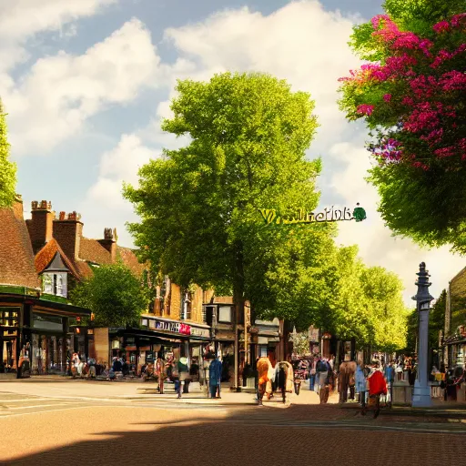 Image similar to idyllic photo of wimbledon broadway on the summer, beautiful weather, very very detailed, 8 k