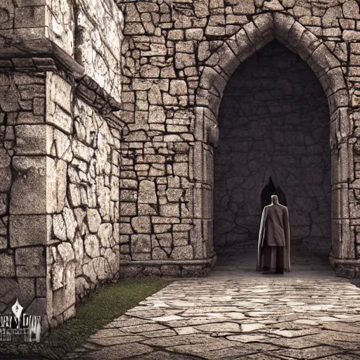 Prompt: man standing at the entranceway to dracula's castle, stone walls, large wooden door, gothic horror, victorian, photorealistic, hyperdetailed, matte painting, concept art