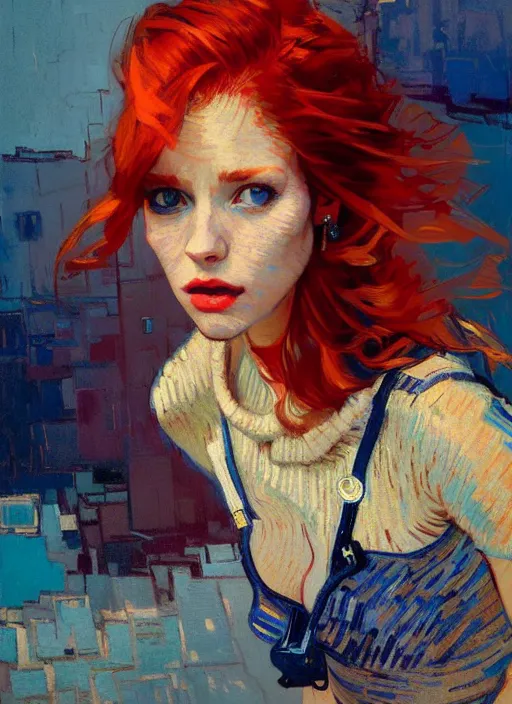 Image similar to portrait of a beautiful girl, redhead, shades of blue, beautiful face, rule of thirds, intricate outfit, spotlight, by greg rutkowski, by jeremy mann, by francoise nielly, by van gogh, digital painting