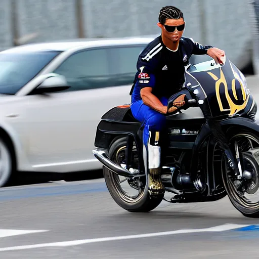 Prompt: Cristiano Ronaldo riding a motorcycle