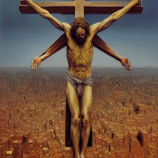 Image similar to the crucifixion of jesus in times square, beksinski style painting, very detailed