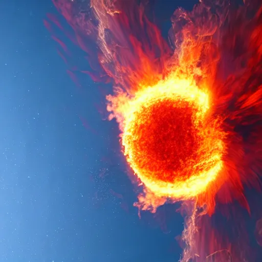 Image similar to red hot burning sphere embedded in fireball explosion with fire, 4 k