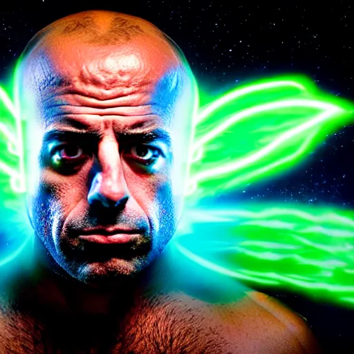 Prompt: uhd candid photo of cosmic joe rogan as a super sayian powering up, glowing, global illumination, studio lighting, radiant light, hyperdetailed, correct face, elaborate intricate costume. photo by annie leibowitz