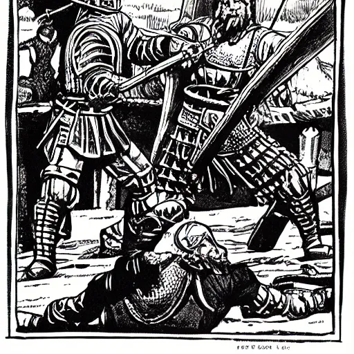 Image similar to viking berserker dueling british knight, hyper detailed black line illustration by Hal Foster