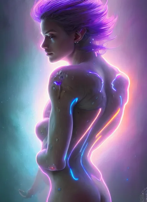 Image similar to a humanoid phantom adventurer made of liquefied stardust, dnd fantasy character, full body portrait, glowing neon skin, magical aura, ultra realistic, intricate, elegant, highly detailed, digital painting, artstation, smooth, sharp, focus, illustration, art by artgerm and greg rutkowski and alphonse mucha