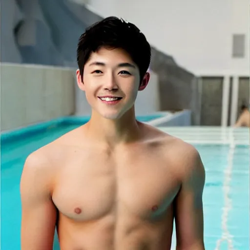 Image similar to song joong - ki portrait, young handsome asian male diver in speedo, muscle, studio photo