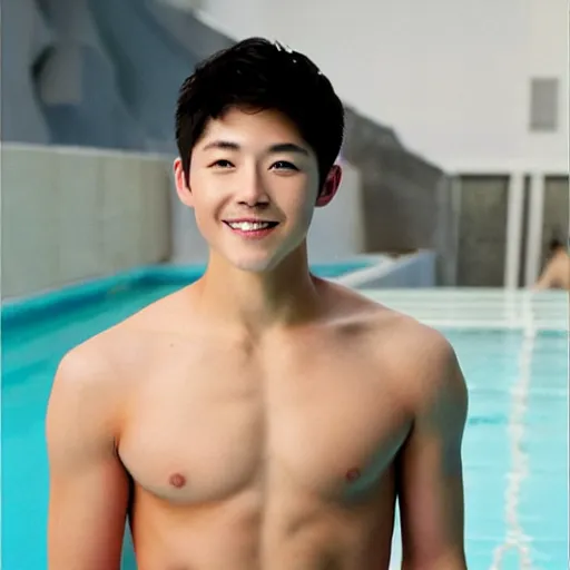 Prompt: song joong - ki portrait, young handsome asian male diver in speedo, muscle, studio photo