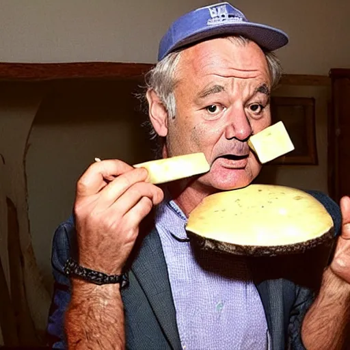 Image similar to bill murray eating a large wheel of cheese,