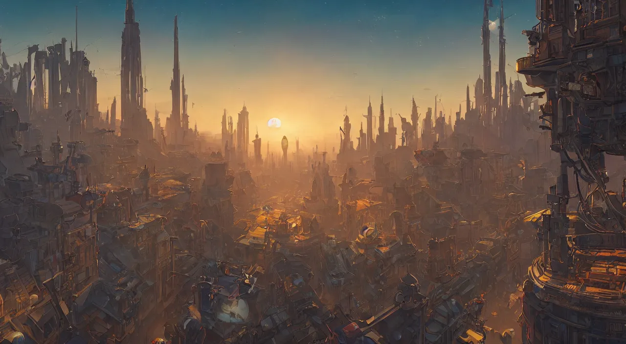 Image similar to a street level painting towards the horizon with high detail, sci - fi colorful victorian city with a victorian astronaut in the foreground at sunrise with sharp shadows by tyler edlin and sparth, wide angle lens, 4 k, vray, art nouveau influences. roger deakins, cinematic cinematography.