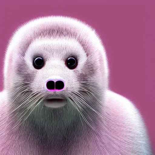 Prompt: white mink with big circle of pink bacteria circle around the neck matte art unreal engine hd 8k starring at camera symmetrical mink face bacteria matte portrait photo cute plasmid