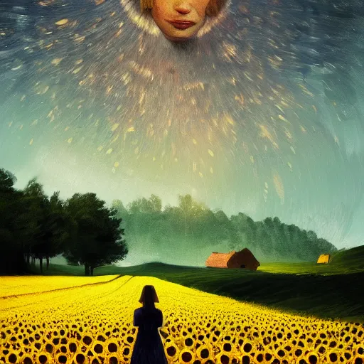 Image similar to huge sunflower as a face, girl walking in wheat field, hills, surreal photography, dark night, star trails, dramatic light, impressionist painting, clouds, digital painting, artstation, simon stalenhag