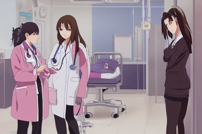 Image similar to a beautiful young female doctor wearing white coat are talking with a nurse wearing pink coat in a hospital ward, slice of life anime, anime scenery by Makoto shinkai