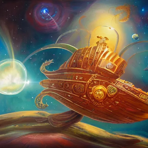 Prompt: painting of ornate space ship, nebulae background, nautilus, shell, space jammers, fins, sails, dust clouds, art deco, d & d, dust, sun, 4 0 k warhammer, shrimp, prawn