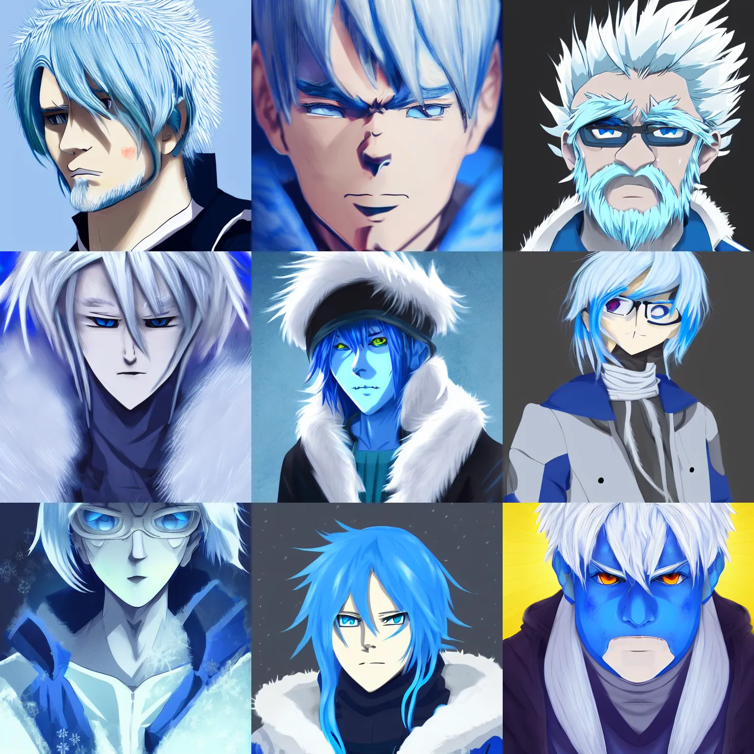 Prompt: man with blue skin, white hair and winter clothes in the style of anime, trending in artstation