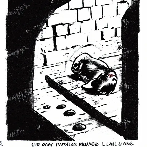 Image similar to baby seal lying face down in a dark alley, wide angle, comic book by frank miller