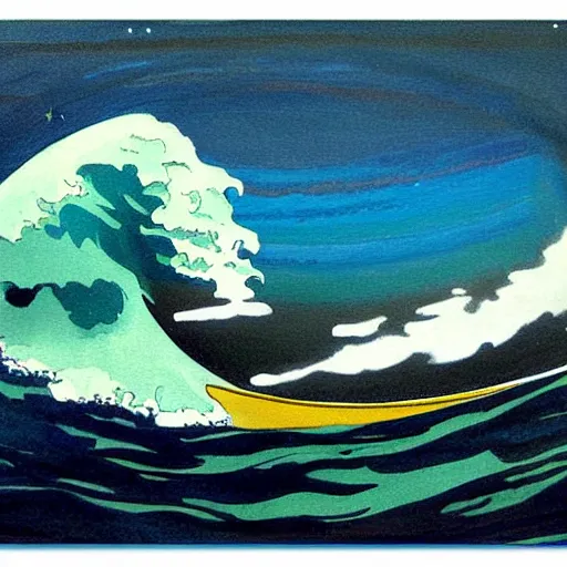 Prompt: painting wave tsunami small boat background cosmic night sky in the style of Winslow Homer