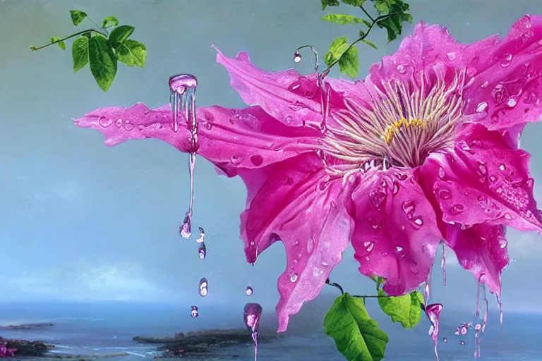 Prompt: pink dripping clematis flower with drops of viscous pink liquid dripping from each petal, by salvador dali and greg rutkowski and thomas kinkade, oil on canvas