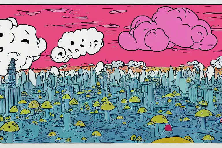 Image similar to mushroom cloud ghost city in the style of studio ghibli, miyazaki, jim woodring, edvard munch