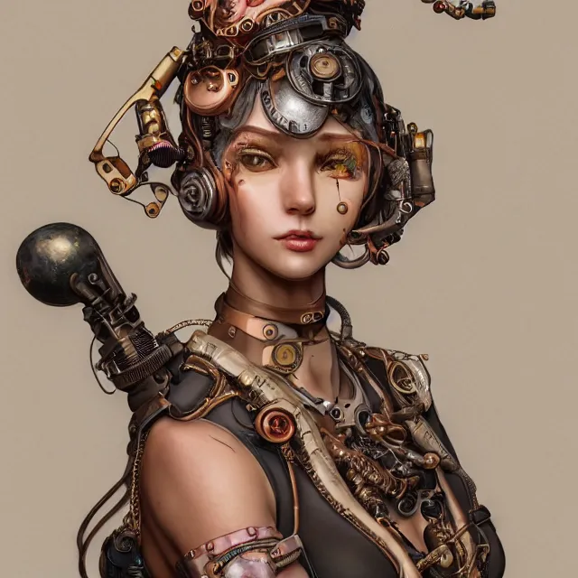 Image similar to the portrait of true neutral semi - colorful female steampunk cyborg mechanist as absurdly beautiful, gorgeous, elegant, young swimsuit model, an ultrafine hyperdetailed illustration by kim jung gi, irakli nadar, intricate linework, bright colors, octopath traveler, final fantasy, unreal engine 5 highly rendered, global illumination, radiant light, detailed and intricate environment