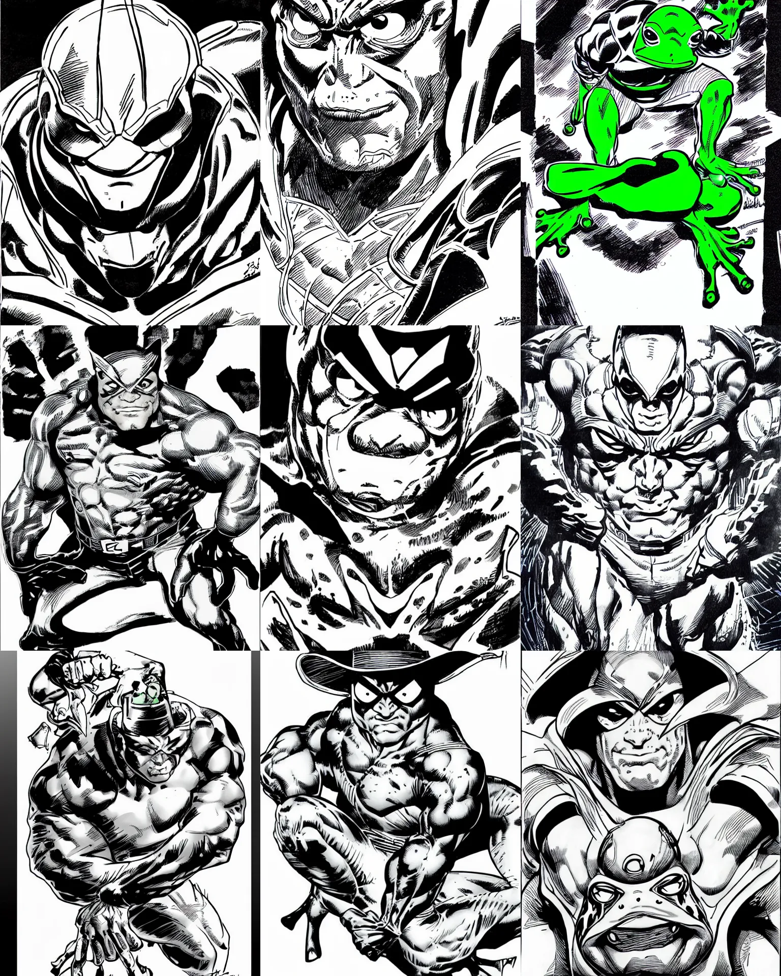 Prompt: frog!!! jim lee!!! medium shot!! flat ink sketch by jim lee face close up headshot in the style of jim lee, x - men superhero comic book frog by jim lee