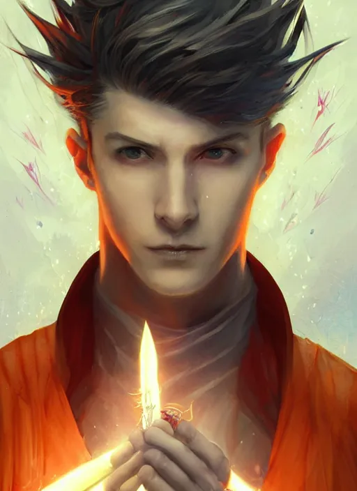 Prompt: character concept portrait of a handsome young warlock with pale white skin and buzzed short spiky hairstyle casting a dark magic spell with red and orange glowing runes, a floating iridescent spell book, intricate, elegant, digital painting, concept art, smooth, sharp focus, illustration, from Metal Gear, by Ruan Jia and Mandy Jurgens and Artgerm and William-Adolphe Bouguereau