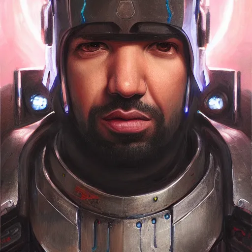 Image similar to drake as a realistic cyberpunk knight, closeup portrait art by donato giancola and greg rutkowski, realistic face, digital art, trending on artstation, symmetry!!