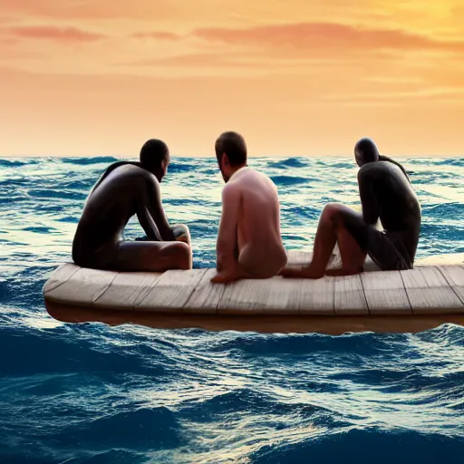 Image similar to four people stranded in the ocean on a wooden raft, ultra realistic, photorealism, 8 k, bokeh still from the movie