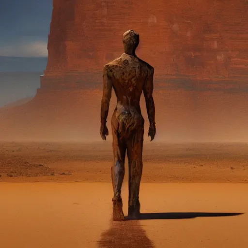 Prompt: Panorama view of a giant statue walking in a desert, oil painting, by Greg Rutkowski