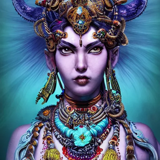 Image similar to kali goddess gadgetpunk warrior meditating in a beautiful place, perfect faces, fine details, studio lighting, subtle shadows, art by katsuya terada, photorealism, hyper realism, octane render