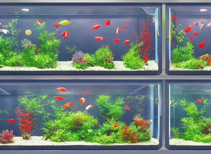 Image similar to arrays of betta tanks, pleasing two - point - perspective anime background clean neat clarity professional visual development set design, tiny cozy store with hanging bird cages and bright fish aquariums, sparse planted terrariums, dim painterly lighting volumetric aquatics, impasto, trending on pixiv