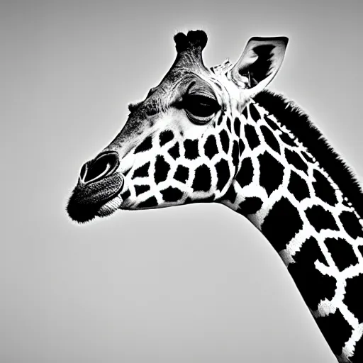 Prompt: a black and white portrait photo of a giraffe. very detailed