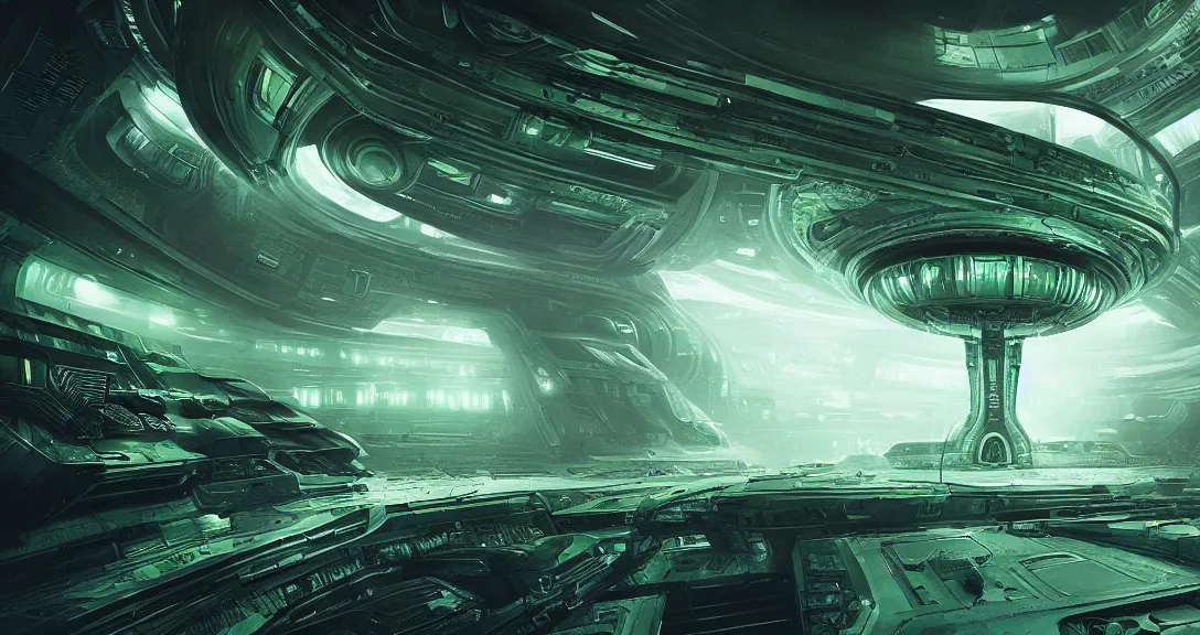 Prompt: breathtaking interior design, greenish colors, alien God throne room, sci-fi-interior-lighting, interplanetary-skyline-view, alien-UFO-design, alienpunk, alien, otherworldly, 4k, dramatic, cinematic, octane