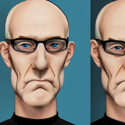 Image similar to A middle-aged Dr. Venture in real life with a hooked nose, a long gaunt face and skinny body and neck, very thin and bald, realistic, very realistic, hyperrealistic, highly detailed, very detailed, extremely detailed, detailed, digital art, oil painting, trending on artstation, headshot and bodyshot, detailed face, very detailed face, extremely detailed face, HD Quality, 8k resolution, very very detailed face, real life