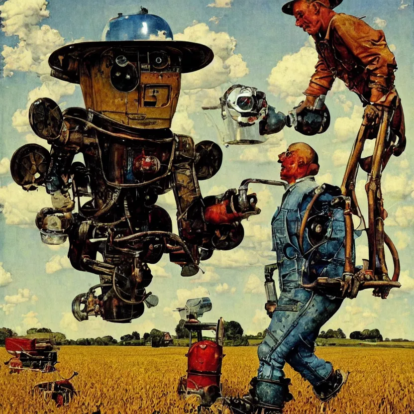 Prompt: portrait painting of a farmer robot made of chrome in front of rolling cornfields and beautiful clouds, painted by norman rockwell. pulp sci - fi art for omni magazine. high contrast. dark background. baroque period, oil on canvas. renaissance masterpiece. trending on artstation. retrofuturism.