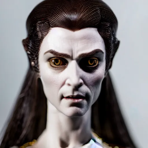 Image similar to photo taken of an epic intricate, ultra detailed, super realistic life sized bust of a majestic gracious regal aristocratic brunette female vampire created by weta workshop, menacing, some zoomed in shots, photorealistic, sharp focus, white wall, extremely cold blueish colour temperature, 3 5 mm, f 1. 4, golden ratio