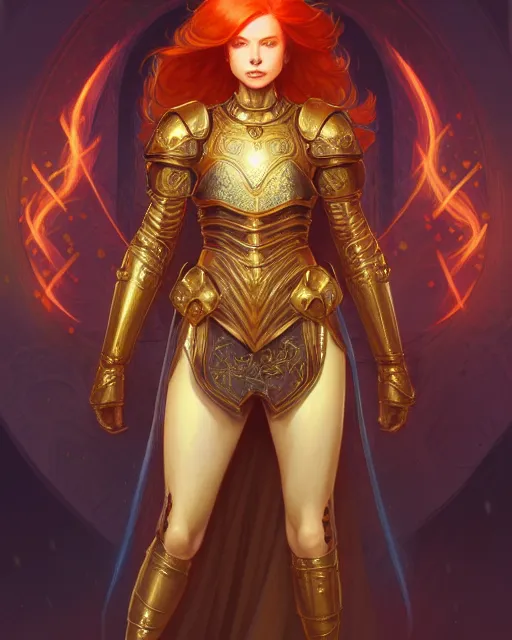 Prompt: symmetry full body of redhead princess, glam, cleric wearing armor plate, fireflies, crypt background, intricate, elegant, highly detailed, digital painting, artstation, concept art, smooth, sharp focus, illustration, art by artgerm and greg rutkowski and fra angelico and alphons mucha