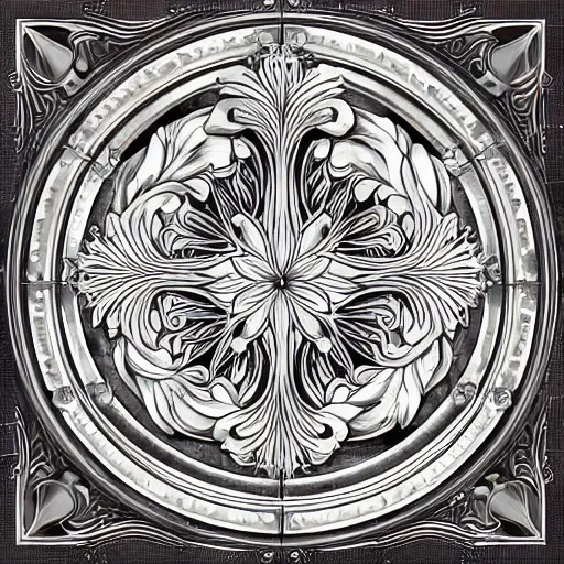 Prompt: beautiful decorative classical ornamental emblem, sacred oak spirit, fibonacci rhythms, lilies, petals, lily petals, acanthus scrolls, small medium and large elements, artgerm, trending on artstation, wlop, russ abbott, chiaroscuro, grayscale