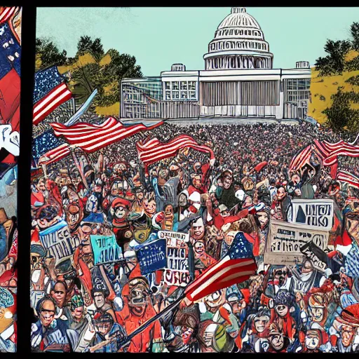 Image similar to page from a Where's Waldo book set at the US Capitol riot