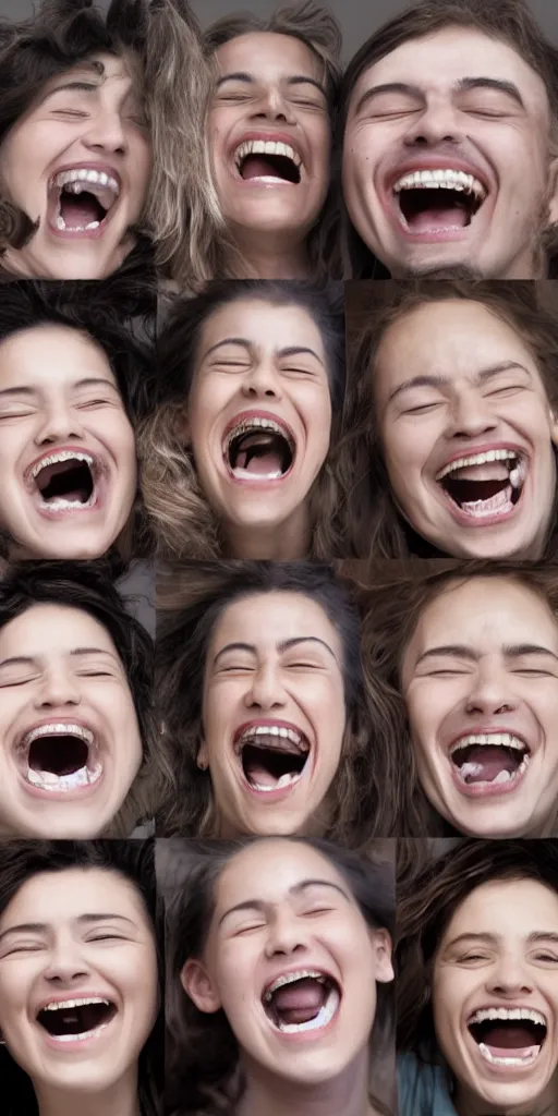 Image similar to composite image of multiple faces laughing with wide open mouths and wide open eyes