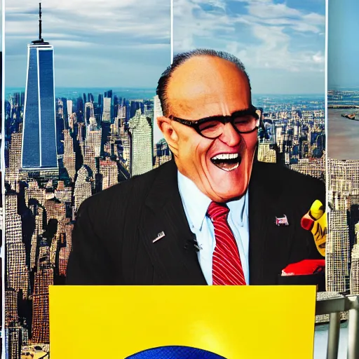 Prompt: a hyper detailed realistic color photograph of Rudy Giuliani laughing maniacally wearing a yellow speedo squatting acting sensually and acting inappropriately on top of the world trade center rubble pile