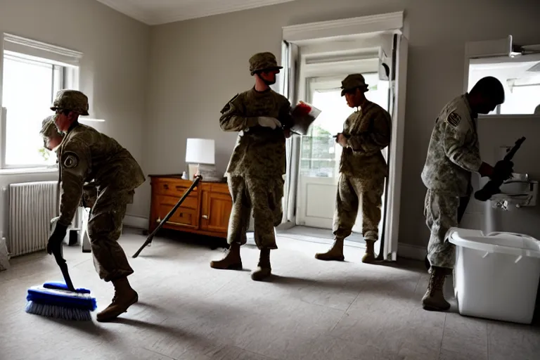 Image similar to a new yorker style cartoo of a soldier cleaning a room