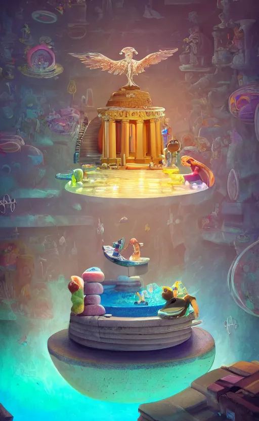 Image similar to tiny skateboard, roman temple, floating, rbc, bunny, radiolaria, protophyta, micro - organisms, center frame, symmetric, rim light, marine microbiology, bioluminescence, electric, fur, soft, concept art, intricate details, highly detailed, colorful, photorealistic, disney pixar, octane render, iridescent, anime, 8 k