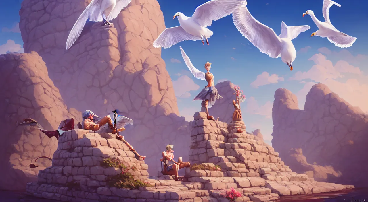 Prompt: painting of antic sitting seagull statue and hill valley Nordic temple of olympus glory hogweed plant grow flower ,in marble incrusted of legends heartstone official fanart behance hd by Jesper Ejsing, by RHADS, Makoto Shinkai and Lois van baarle, ilya kuvshinov, rossdraws global illumination