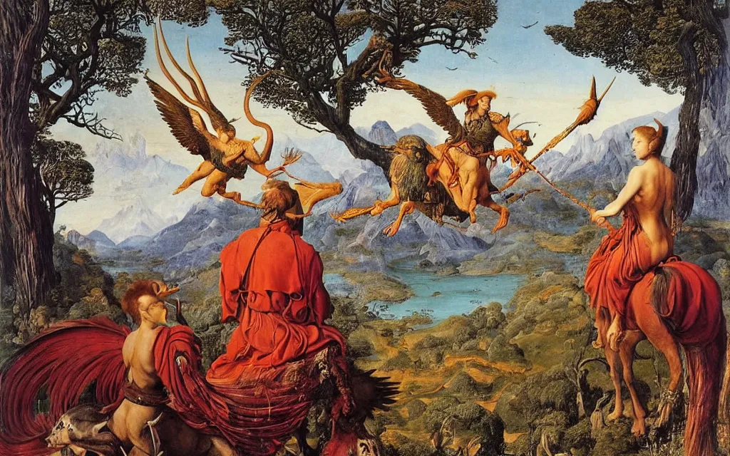 Prompt: a portrait photograph of a meditating harpy and a centaur king riding eagles and hunting at a river delta. surrounded by bulbous trees. mountain range under a blue sky of fiery stars. by jan van eyck, max ernst, ernst haeckel, ernst fuchs and artgerm, artstation, daily deviation, 8 k