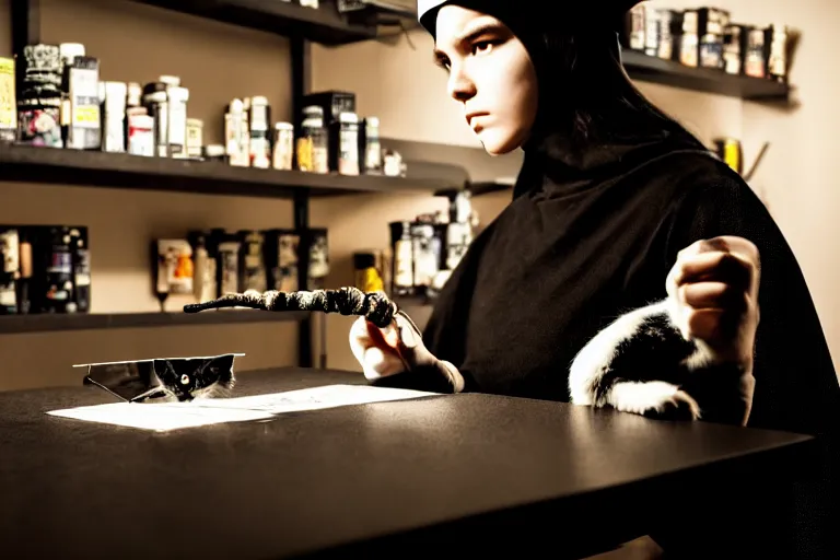 Prompt: close up photo, dramatic lighting, concentration, calm confident cyberpunk teen witch and her cat, tarot cards displayed on the table in front of her, sage smoke, magic wand, a witch hat and cape, apothecary shelves in the background, by yoji shinkawa, black and white